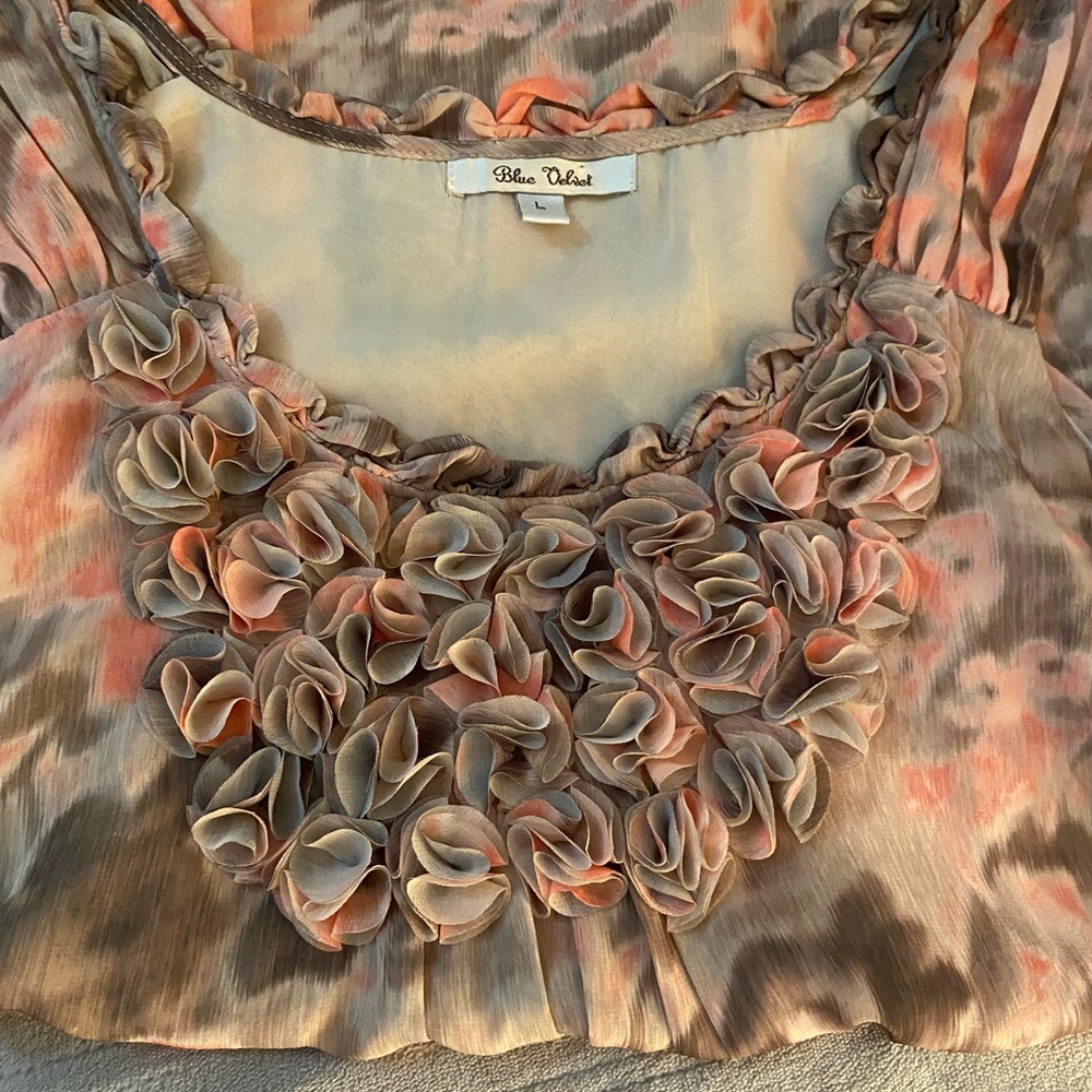 Velvet Soft Coral & Taupe Ruffled Neck Blouse - Picture 4 of 4